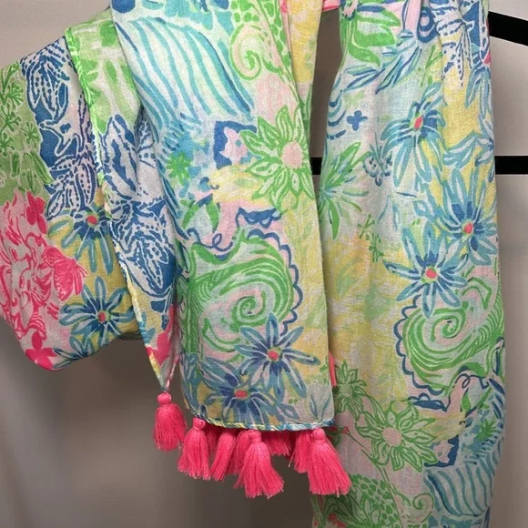 Lilly Pulitzer Vibrant Floral Scarf with Pink Tassels - Picture 3 of 3